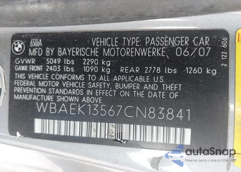 2007 BMW 650I из США, поврежденный, VIN WBAEK13567CN83841